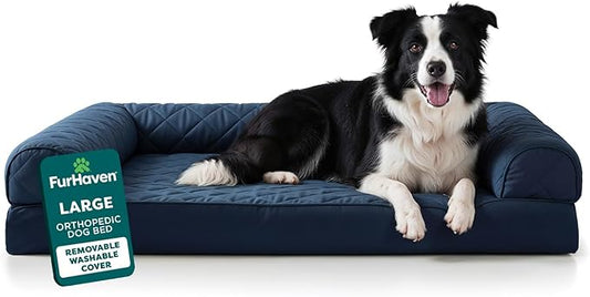 Furhaven Orthopedic Dog Bed for Large/Medium Dogs w/ Removable Bolsters & Washable Cover, For Dogs Up to 55 lbs - Quilted Sofa - Navy (Blue), Large