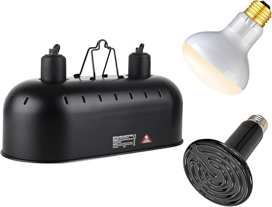 DXOPHIEX Dual Reptile Light Fixture,Reptile Heat Lamp Fixture with 150W Basking Bulb&Ceramic Heat Emitter,Double Dome Heat Lamp for Lizard,Gecko,Bearded Dragon,Tortoise,Snake,Chameleon