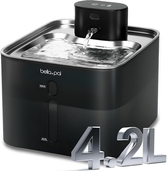 BELLA & PAL Wireless Cat Water Fountain: 4.2L/142oz Stainless Steel, 5000mAh Rechargeable Battery, Smart Motion Sensor, Quiet Integrated Pump, Easy to Clean, Mult-Pet Water Dispenser for Cats or Dog