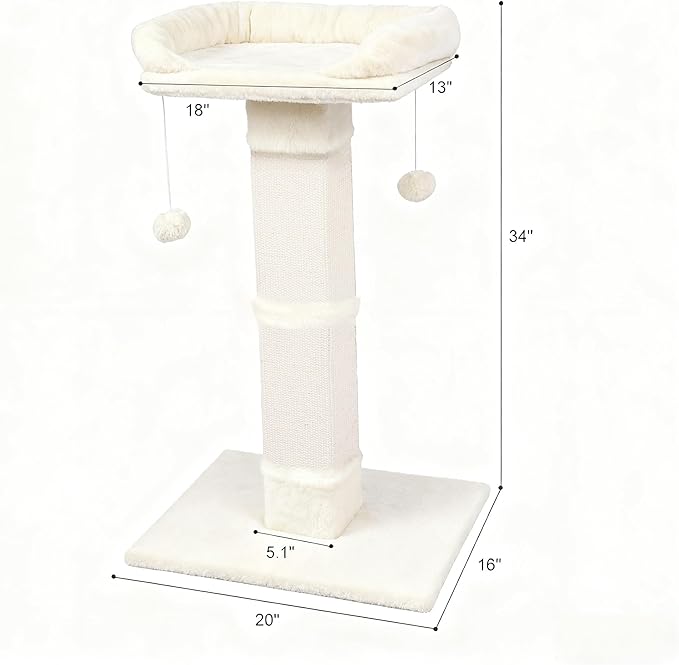 34" Cat Scratching Post for Indoor Cats, Sisal Cat Scratcher with Plush Perch and with Two Dangling Balls, Large Scratch Post with Bed, Removable Cover, Sisal Fabric