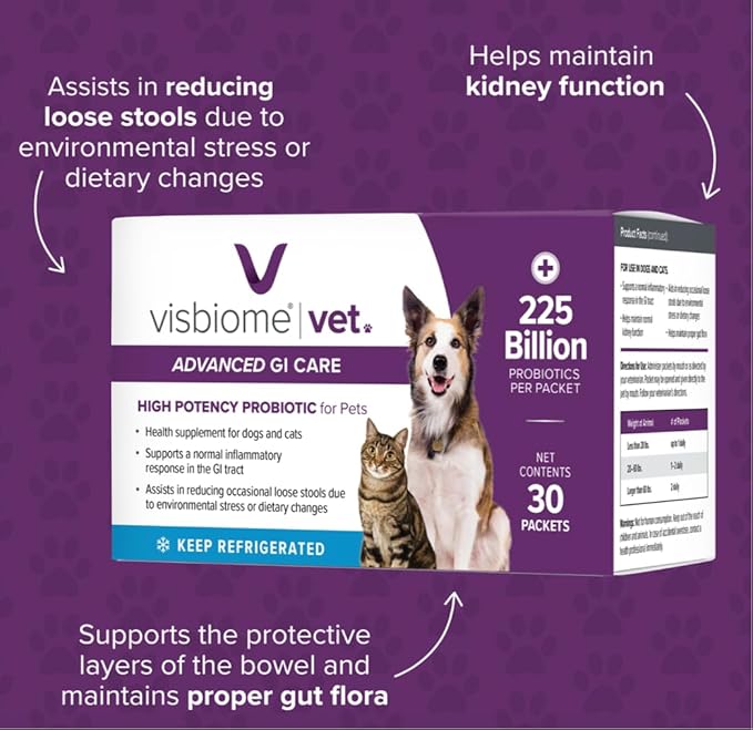 Visbiome® Vet Advanced GI Care High Potency Probiotic for Dogs & Cats – 225B CFU, 8-Strain Formula – Refrigerated, Veterinarian Recommended, Clean Label Certified – 60 Packets