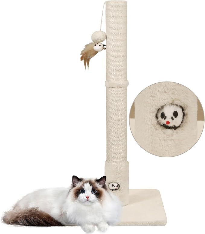 34‘’ Tall Cat Scratching Post with Premium Sisal Rope for Indoor Scratcher Post Tree for Indoor Cat Toy with Mouse Hole, Hanging Ball for Adult Cats and Kittens(Beige)