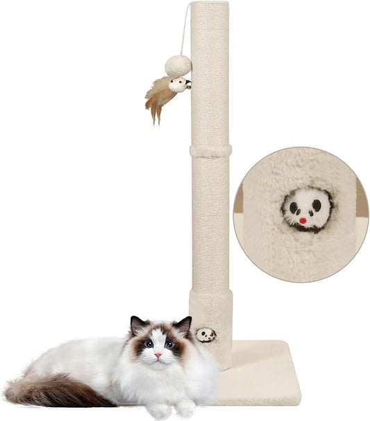 34‘’ Tall Cat Scratching Post with Premium Sisal Rope for Indoor Scratcher Post Tree for Indoor Cat Toy with Mouse Hole, Hanging Ball for Adult Cats and Kittens(Beige)