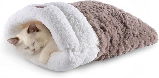 Cat Sleeping Bag 4 in 1 Cute Self Warming Cat Bed Cave with Plush Portable Snuggle Sack/Hideway for Indoor Cats & Small Pets Coffee 21×17 Inch