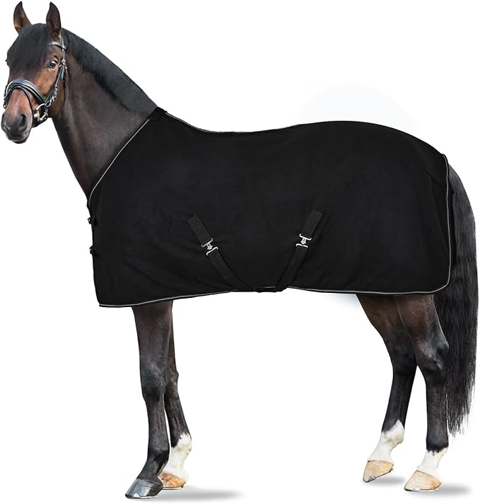 HORZE Kiel Fleece Horse Cooler Blanket | Quick-Dry Fleece Horse Cooler Sheet with X-Surcingles & Tail Cord - Black - 84 in