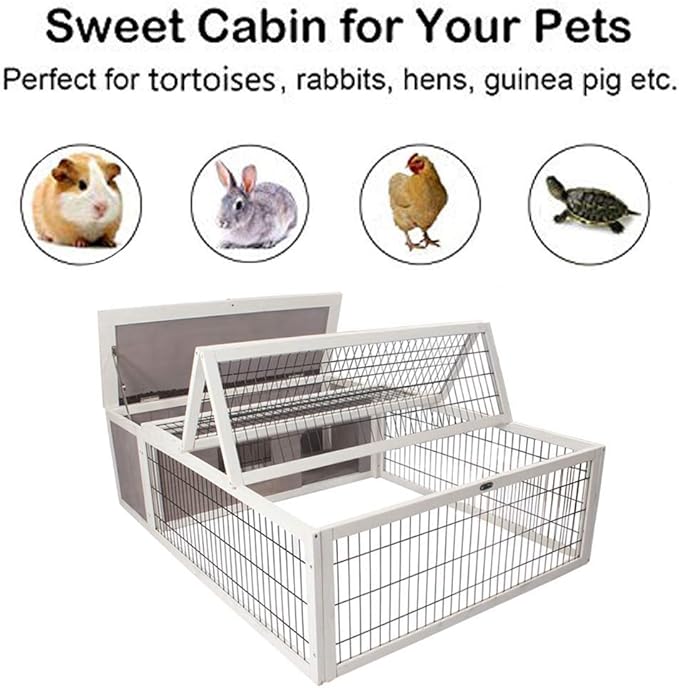 Tortoise House Habitat Wooden, Chicken Coop with Run Rabbit Hutch Small Animal Hutch Enclosure Indoor/Outdoor-Grey + White Trim
