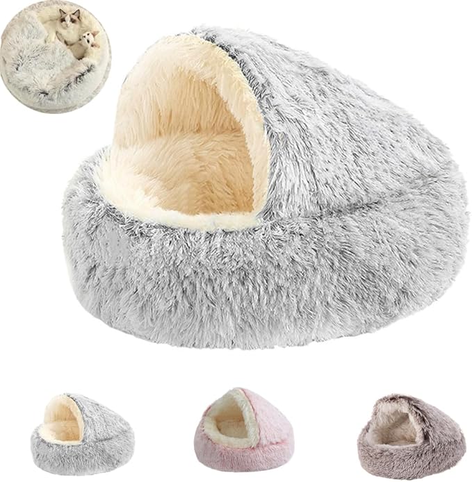 Plush Fluffy Dog and Cats Round Bed, Ultra-Soft Plush with Raised Rim, Non-Slip Bottom, Plush Cat Bed with A Cover, for Small Dogs and Cats (Gray, Medium)
