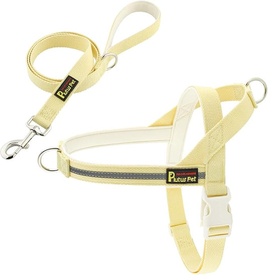 Plutus Pet Cotton Dog Harness and Leash Set, Reflective and Soft Padded, Quick Fit Vest Harness, for Small, Medium and Large Dogs, Light Yellow, L