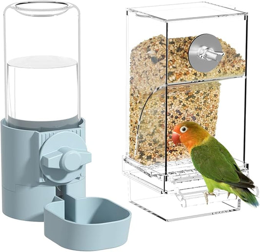 BAGHBPM No Mess Bird Feeder Water Dispenser Set,Automatic Parakeet Feeder Cage Accessories,Parrot Transparent Food Container Drinker for Cage,Canaries Budgies Lovebirds Cockatiels Finches (Blue)