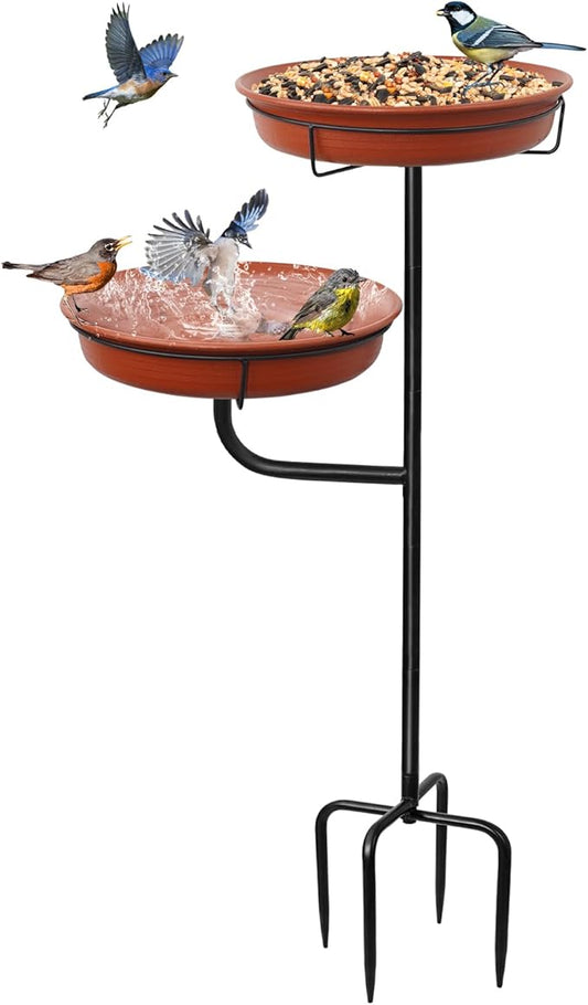 Freestanding Birdbaths Bowl Outdoor, Standing Garden Bird Bath Bird Feeder & Bird Bath Bowl, Detachable Decoration Spa Birdfeeder for Garden Patio Yard Lawn, 4 Spiky Metal Stake (Brown)