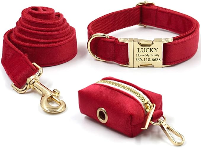 PETDURO Custom Dog Collar Personalized with Name Engraved Quick Release Rose Gold Metal Buckle for Large Medium Small Girl Dogs - Dog Leash and Bow Tie Available - Soft Comfy Velvet (Red, XL)
