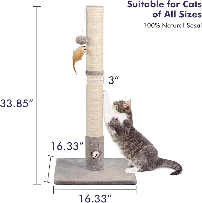 34‘’ Tall Cat Scratching Post with Premium Sisal Rope for Indoor Scratcher Post Tree for Indoor Cat Toy with Mouse Hole, Hanging Ball for Adult Cats and Kittens