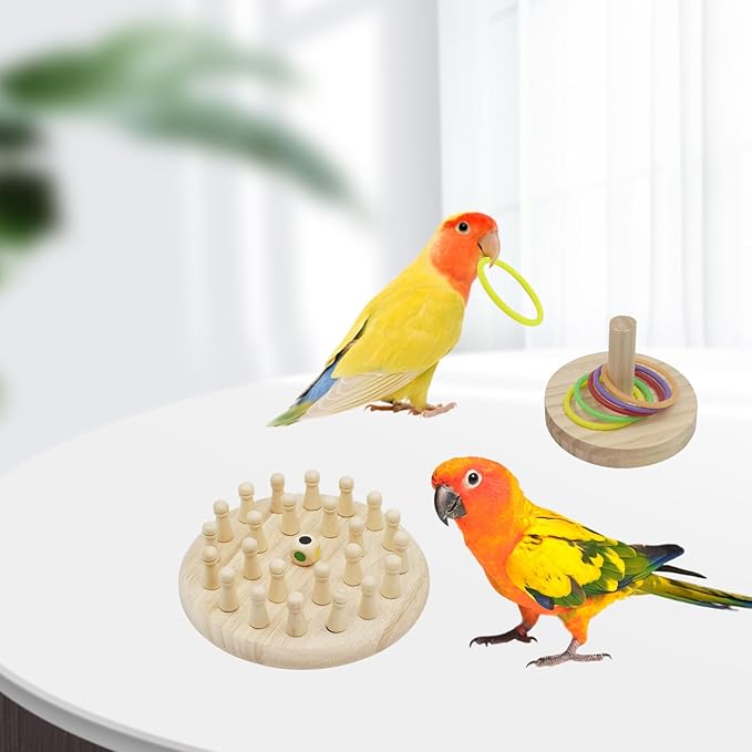 4-in-1 Bird Activity Set – Mini Skateboard, Stacking Rings, Rattle & Colorful Peg Toy | Interactive Toys for Budgies, Cockatiels, Lovebirds & Small Parrots