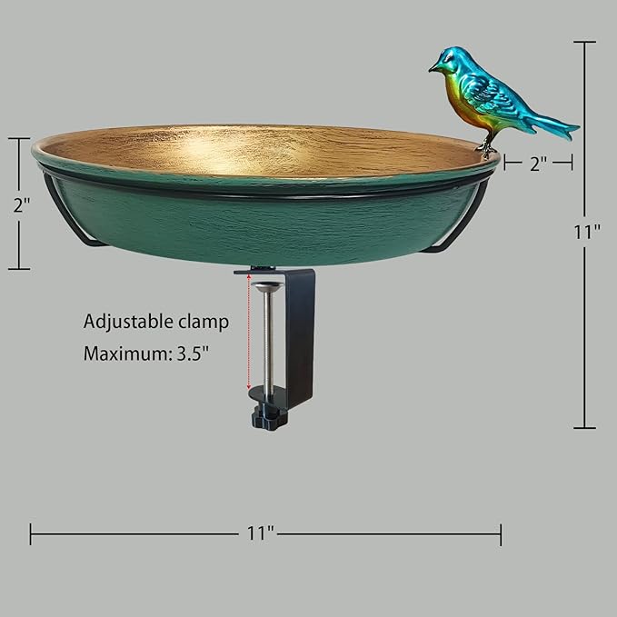 Deck Bird Bath for Outdoors, 11" Green/Bronze Metal Birdbath Bowl with Big Steel Clamp Backyard Birdbath&Bird Feeder for Railing Balcony Fence Yard Art Garden Decor