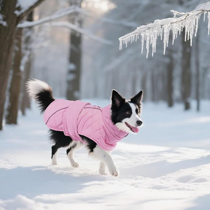 Kuoser Dog Winter Coat Waterproof Dog Snow Jacket, Warm Fleece Lined Pet Turtleneck Snowsuit Puppy Cold Weather Coats with Harness Hole, Adjustable Winter Vest for Medium Large Dogs, Pink, L