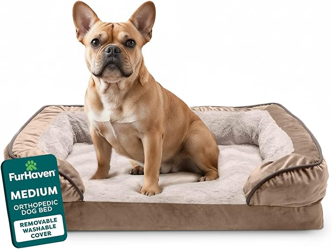 Furhaven Orthopedic Dog Bed for Medium/Small Dogs w/ Removable Bolsters & Washable Cover, For Dogs Up to 35 lbs - Plush & Velvet Waves Perfect Comfort Sofa - Brownstone, Medium