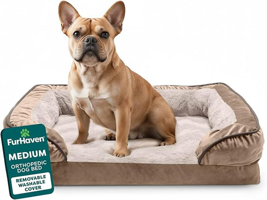 Furhaven Orthopedic Dog Bed for Medium/Small Dogs w/ Removable Bolsters & Washable Cover, For Dogs Up to 35 lbs - Plush & Velvet Waves Perfect Comfort Sofa - Brownstone, Medium