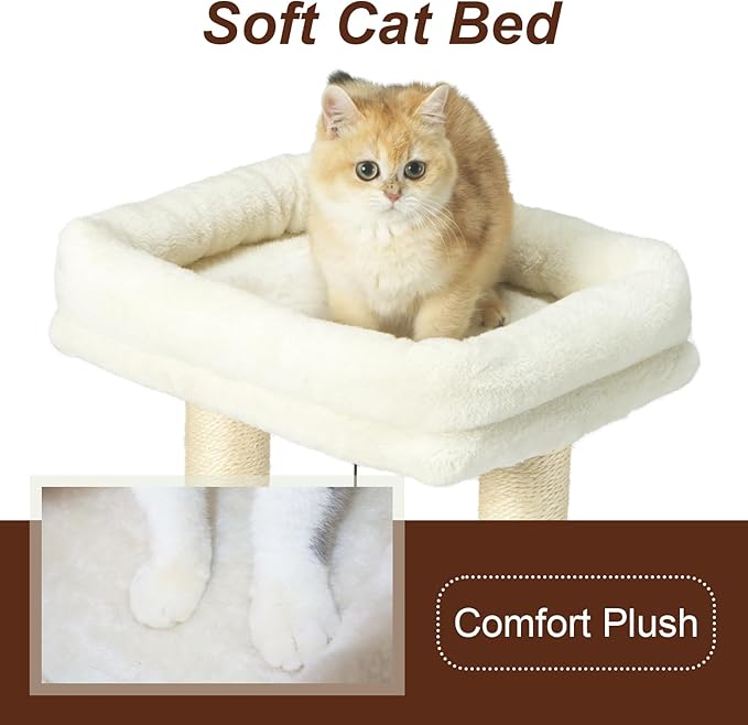 Small Cat Tree Tower Scratching Post with Perch Bed for Indoor Cats and Kittens,Track Ball Hanging Ball Toy Self-Massage Brush Beige