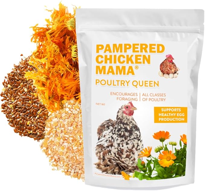 Pampered Chicken Mama Non-GMO Mealworm, Corn, Flax, & Herb Treat for Backyard Chickens, Healthy Layer Feed & Supplies for Pet Chickens Poultry Queen Treat for Hens (3 pounds)