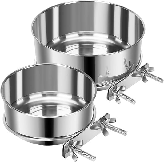 2 Pcs Small Pet Dog Food Water Bowl for Cage Stainless Steel Non-Spill Kennel Hanging Cats Pets Bowls with Clamp Holder Crate Feeder Dish for Small Dogs Pets (4.7x1.9'' & 3.9x1.7'')