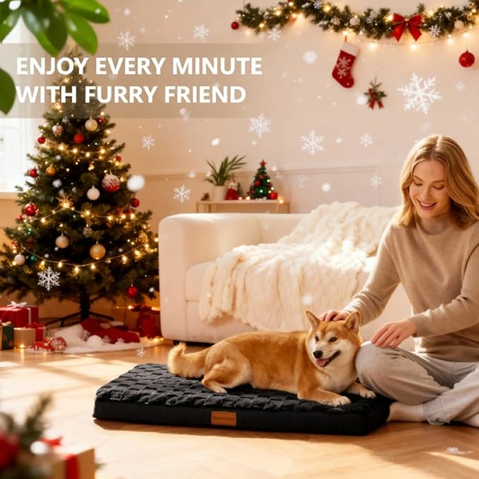 Patas Lague Orthopedic XL Dog Bed Large Sized Dog 42''X28'', Waterproof Soft Comfortable Egg Crate Foam Large Pet Beds Crate Mat with Removable Washable Cover and Nonskid Bottom, Black