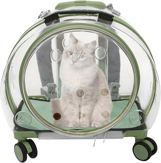 Transparent & Fully Breathable Hard Cat Carrier with Rolling Wheels, Multiple Carrying Carrier for Cats, Dogs, Or Bunnies for Traveling, Taking a Walk, Applicable Weighing up to 19.84lbs (Green,Clear)