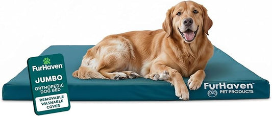 Furhaven Water-Resistant Orthopedic Dog Bed for Large Dogs w/ Removable Washable Cover, For Dogs Up to 95 lbs - Indoor/Outdoor Logo Print Oxford Polycanvas Mattress - Deep Lagoon, Jumbo/XL