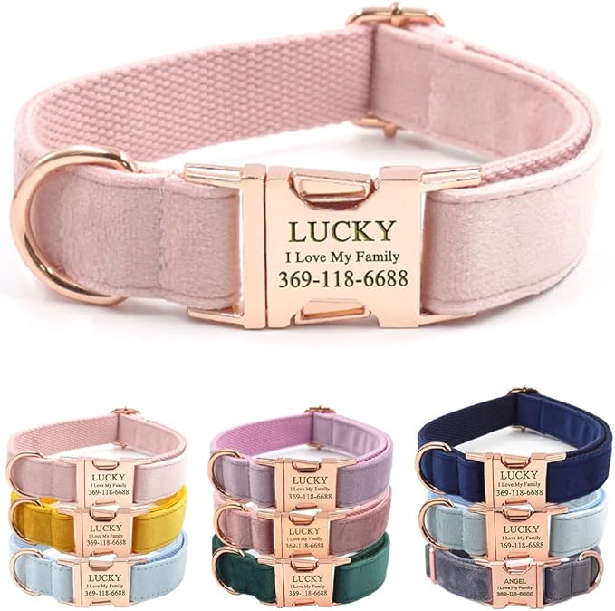 PETDURO Personalized Dog Collar Pink Purple Soft Velvet for Large Medium Small Boy Girl Dogs - Custom Collar with Name Phone Engraved on Rose Gold Metal Buckle - Add Leash Bow Set via Customize Now