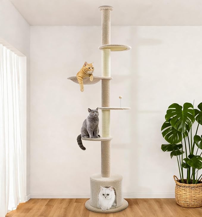 Made4Pets Floor to Ceiling Cat Tree 93-106'',Tall Cat Tower 5 Tiers, Adjustable Height, Stable Cat Tree Tower with Scratching Posts, Fluffy Condo, Hammock and Ball Toy for Indoor Cats/Kitten, Beige