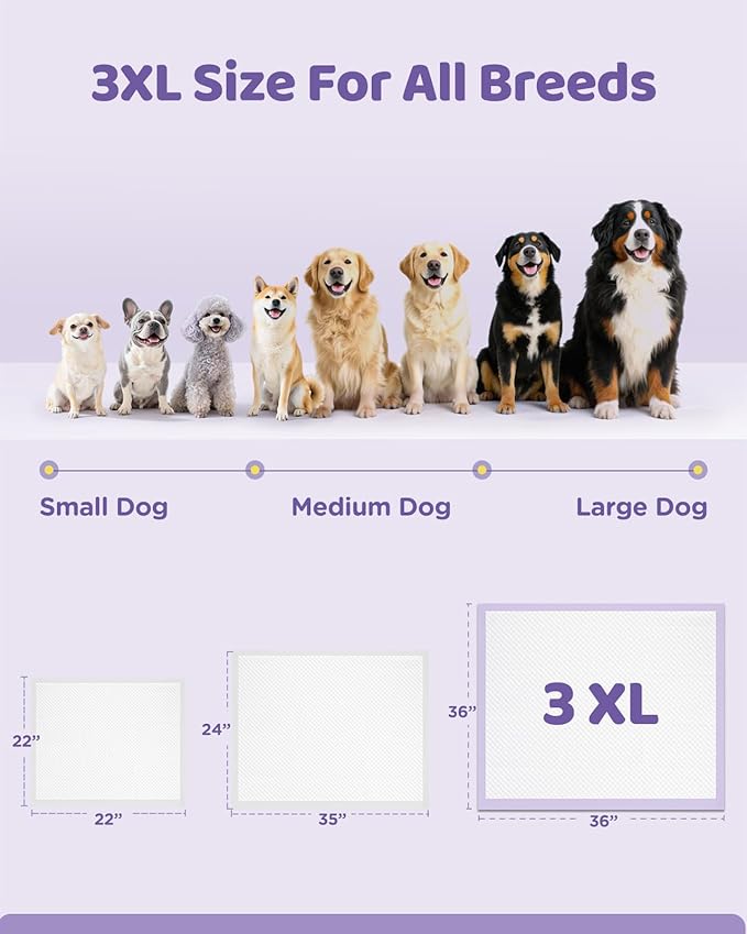36"x36" 4XL Lavender Scented Disposable Dog Pee Pads, 45 Count | Extra Large Puppy Training Pads with 6-Layer Super Absorbent Protection, Leakproof Puppy Pads for Large Dogs & Senior Pets