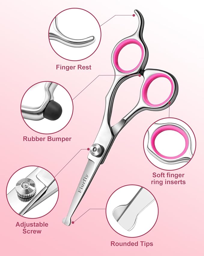 Furry Grooming Scissors with Safety Round Heads. Dog Grooming Scissors, 5CR 6 in 1 Dog Grooming Scissors, Curved Dog Grooming Scissors, Professional Pet Grooming Scissors Set for Dogs and Cats