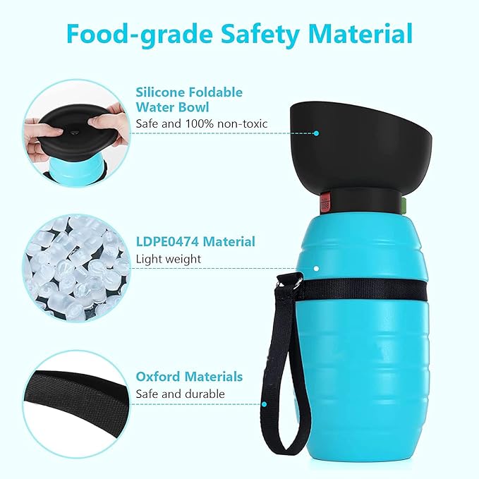 Dog Water Bottle Portable (17oz/22oz), 2 in 1 Foldable Dog Travel Water Bottle, Leak-Proof Dog Water Dispenser, Pet Water Bottle Drink Feeder for Outdoor Walking Hiking, Food-Grade Silicon (17oz)