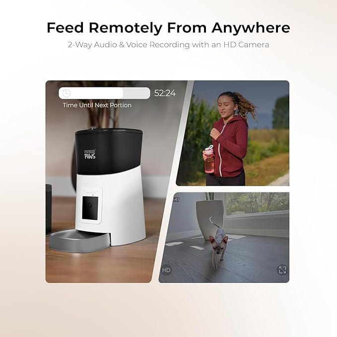 Smart HD Automatic Cat Feeder with 1080P Camera & Night Vision, 2-Way Audio, WiFi App Control, Anti-Jam 6L Pet Feeder with Battery Backup, Schedules Up to 15 Meals for Cat & Dog White Stainless Steel
