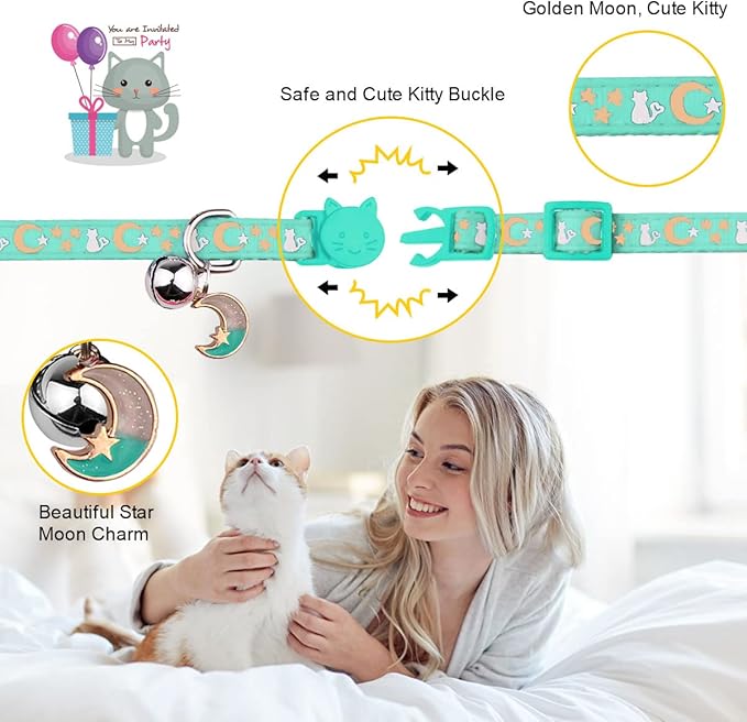 2PCS Breakaway Cat Collars with Bell Cute Kitty Glow in The Dark Adjustable Kitten Collars 7.9-13.0 Inch(Teal&Pink)