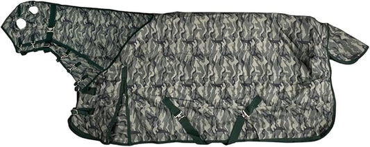 AJ Tack 1200D Waterproof Winter Horse Blanket with Hood - 400g Heavyweight Turnout with Fleece Collar, Shoulder Gussets & Tail Flap - Camouflage 68"