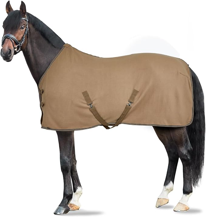 HORZE Kiel Fleece Horse Cooler Blanket | Quick-Dry Fleece Horse Cooler Sheet with X-Surcingles & Tail Cord - Tan - 81 in