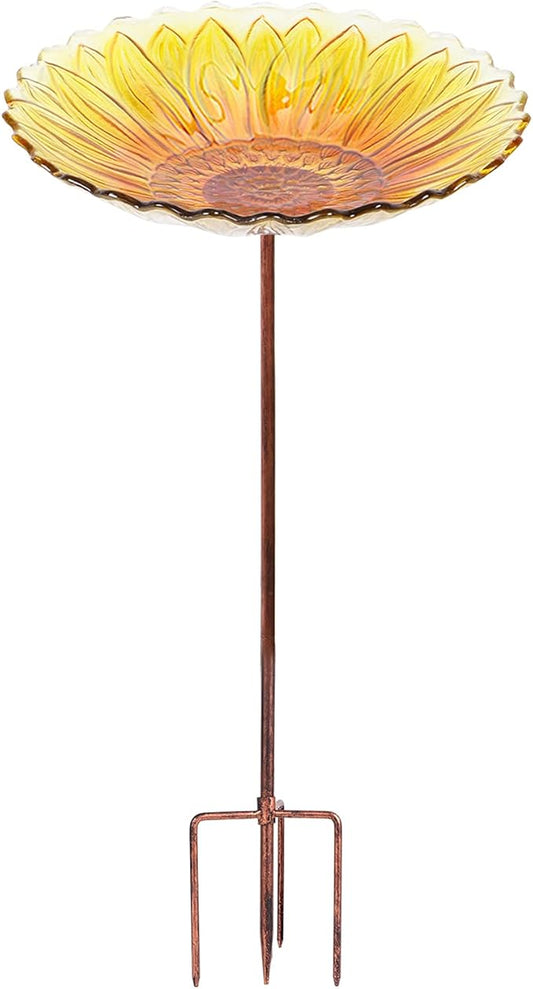 MUMTOP Glass Bird Bath, Garden Outdoor Birdbaths Birdfeeder with Metal Stake Sunflower