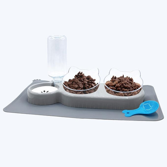 Triple Cat Bowls with Water Dispenser, Pet Whisker Friendly Water and Food Bowl Set with Non-Slip Mat, 15° Tilted Double Feeding Bowls, Elevated Wet and Dry Food Dish for Kitten&Small Dog (Grey)