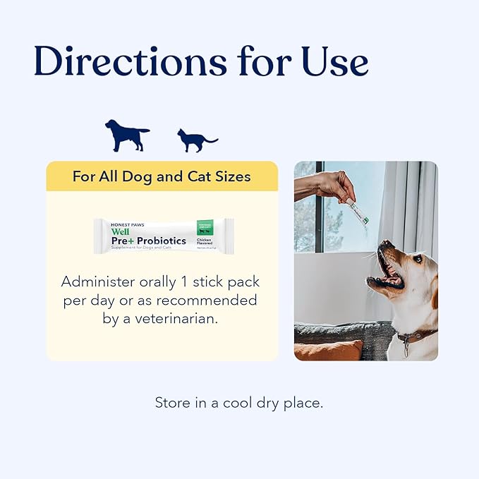 Honest Paws Probiotics for Dogs - Digestive & Immune Support Powder with Prebiotic Made in The USA, Chicken Flavor (30 Sticks)