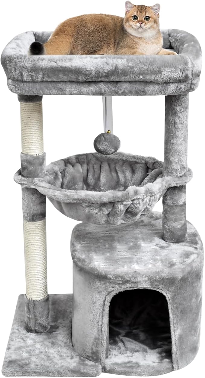 SYANDLVY Small Cat Tree for Indoor Cats, Activity Cat Tower with Scratching Post for Kittens, Modern Cat Furniture with Basket & Hanging Ball for Play Rest, Grey