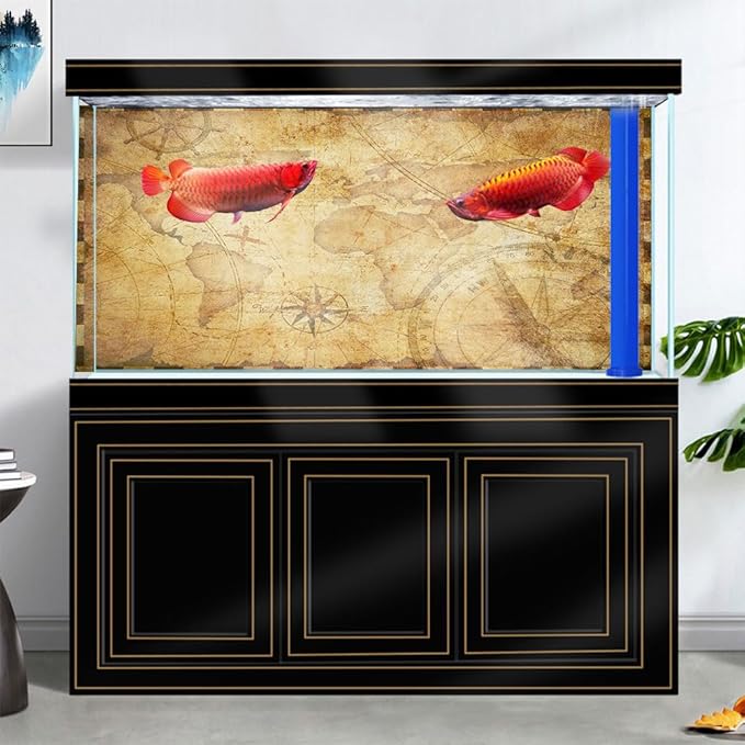 48X20IN Retro Old Travel World Map Terrarium Background, Art Parchment Pirate Treasure Map Reptile Habitat Background with 10EVA Double-Sided Tape