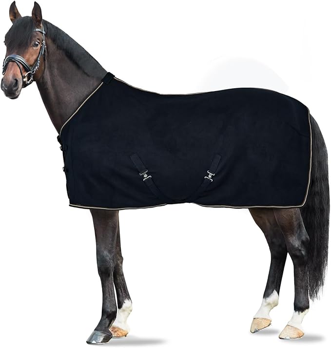HORZE Kiel Fleece Horse Cooler Blanket | Quick-Dry Fleece Horse Cooler Sheet with X-Surcingles & Tail Cord - Dark Navy - 66 in