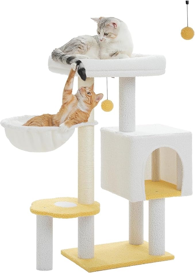 Cute Cat Tree - 35.4" Cloud Cat Tower for Indoor Cats w/Large Top Bed, Comfy Hammock for Kittens, Flower Platform, Cat Scratching Post, and Dangling Ball, White