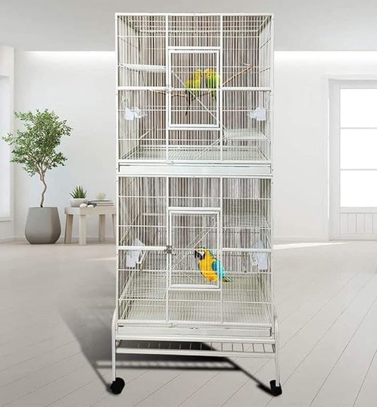 X-Large Double Durable Stackable Two Separate 3-Levels Bird Parrot Cages Side Breeding Nest Box Doors Easy Clean Pull Out Metal Grate and Tray with Detachable Stand on Wheels