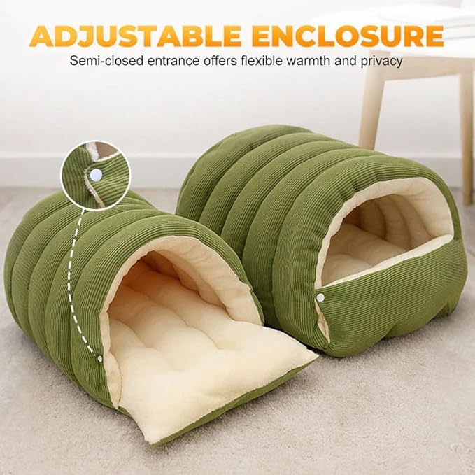 CutyPet Winter Cave,Warmth Cozy Comfort Plush Pet Cave,Cute Cozy Safe Hideaway Cat Bed with Removable Cushion,Warm Soft Removable Washable for Cats and Dogs (Green Plaid, L:25.59 * 15.74 * 11.02 in)