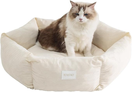 Large Cat Bed, Washable Orthopedic Cat Beds for Indoor Cats, Soft Donut Calming Dog Bed for Small Medium Dogs with Anti Slip Bottom, Cute Kitten Bed, 29.5x29.5x7.9 in, Cream White