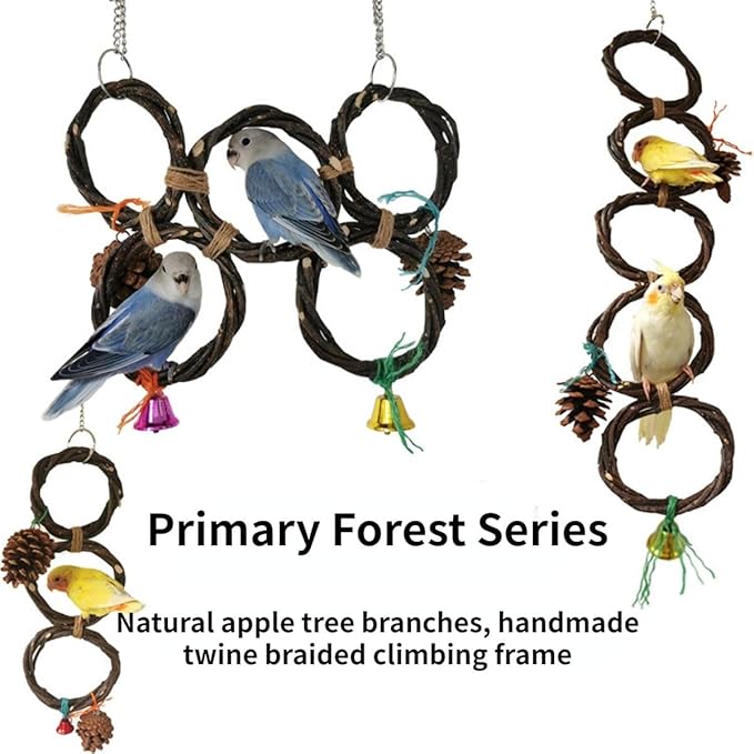 Circle Straw Bird Swing Stand Bird Perches Stand Hanging Chewing Toy for Parrots Bird Playground Cage Accessories Climbing Rope Net Ladders for Foraging Toys（Random Color） (4 Rings)