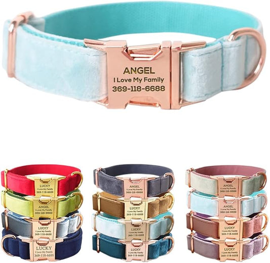 PETDURO Custom Dog Collar Personalized with Name Engraved Quick Release Rose Gold Metal Buckle for Large Medium Small Girl Dogs - Dog Leash and Bow Tie Available - Soft Comfy Velvet (Mint Blue, L)