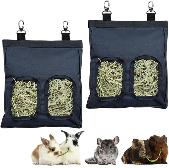 Guinea Pig Hay Feeder, Hanging Rabbit Hay Feeder Bag for Guinea Pigs Bunnies Chinchillas. PureBlack, 2 Count