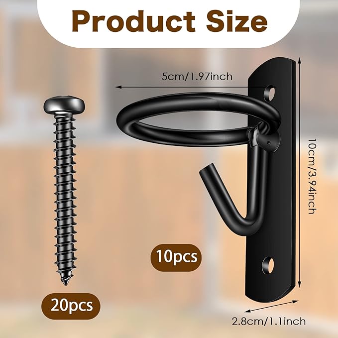 Dunzy 10 Pcs Bucket Hooks for Horses Metal Equestrian Water Bucket Hook Wall Mount Holder for Horse Stall Feed Barn Farmhouse Supplies(Black)
